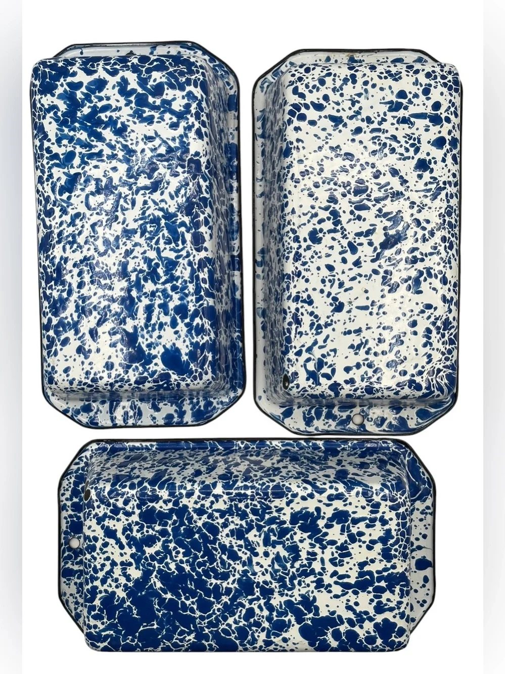 3 Vintage Enamelware Baking Loaf Pans Blue White Splatter CGS International